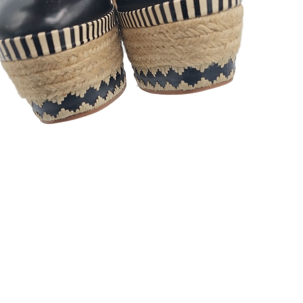 Tory Burch Black Espadrille Wedge Sandals Leather Jute Trim Size 10 - Picture 11 of 12